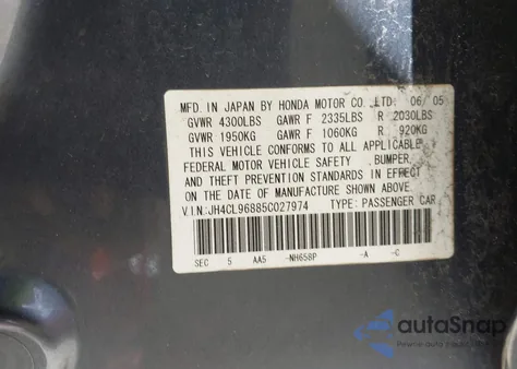 2005 Acura Tsx из США, поврежденный, VIN JH4CL96885C027974